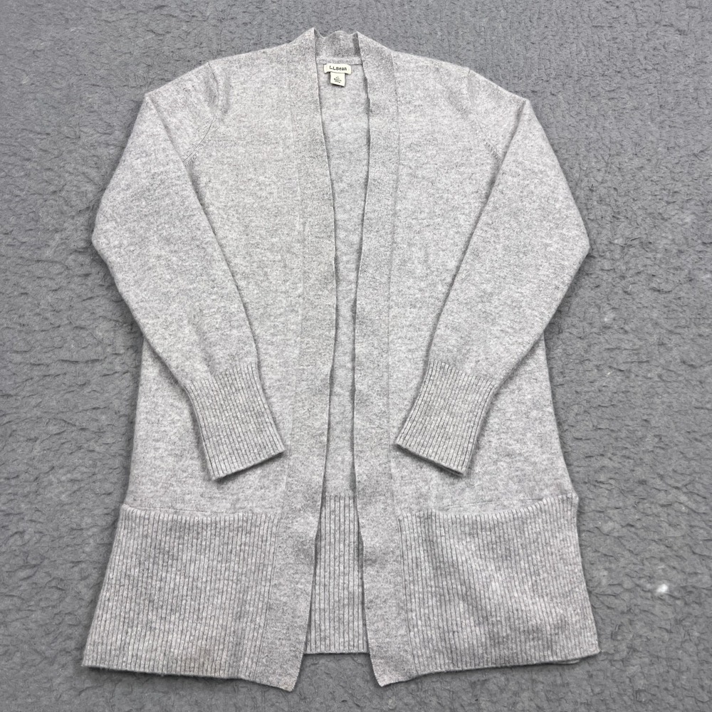 LL Bean Cardigan Womens Small Gray 100% Cashmere Open Front Pockets Knit Sweater - Picture 1 of 10